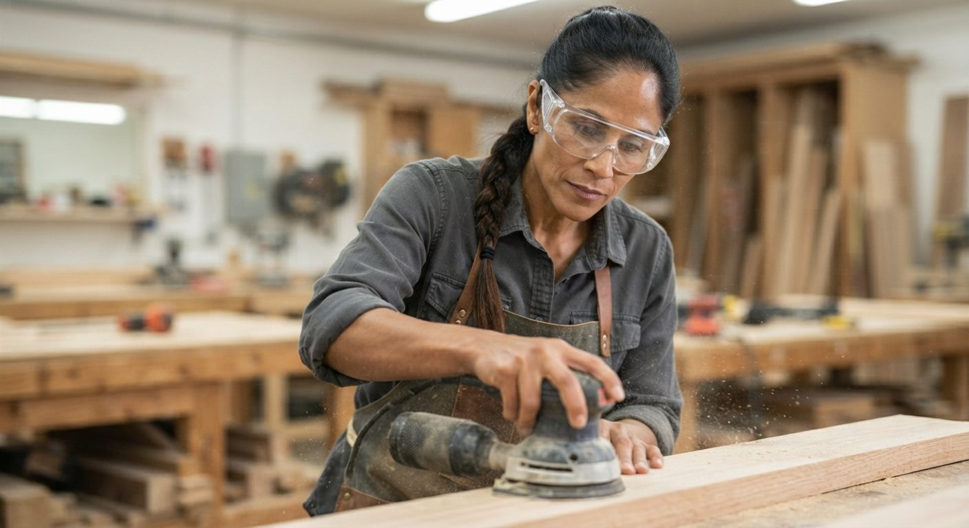 Mujer lijando una tabla de madera en su taller con lentes de protección