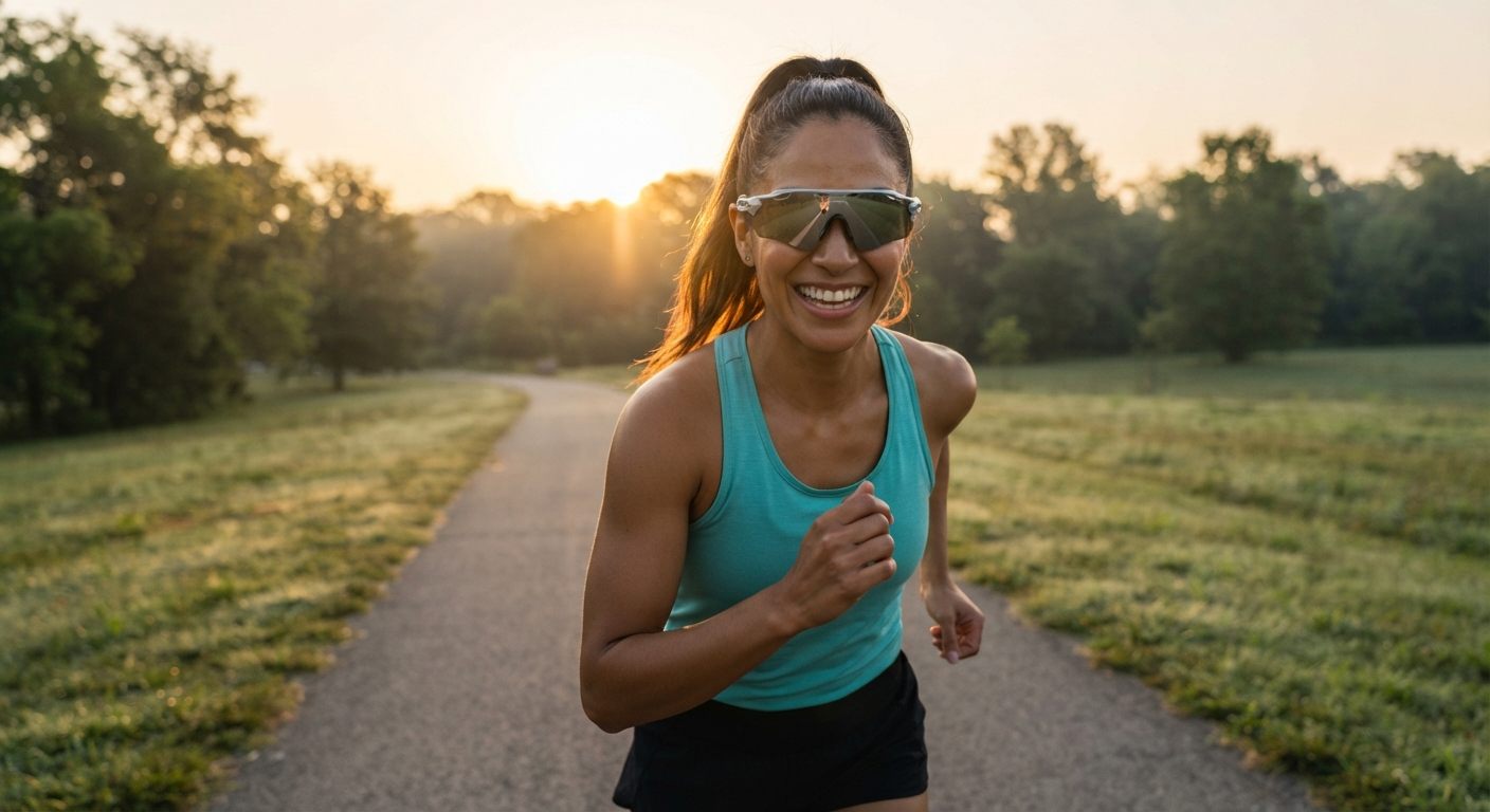 Mujer corriendo al amanecer por un camino del parque con lentes deportivos