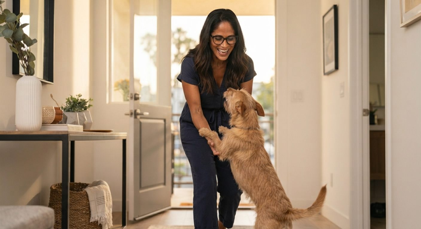 Mujer con lentes llegando a casa y saludando a su perro que corre a recibirla