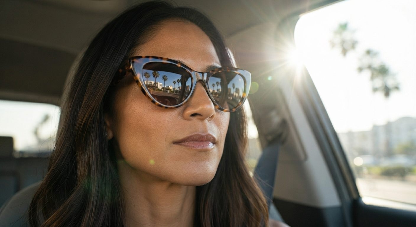 Mujer al volante con lentes de sol mientras el sol le da de frente