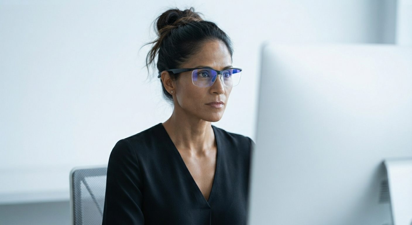 Mujer trabajando frente a su computadora en la oficina con lentes para pantallas