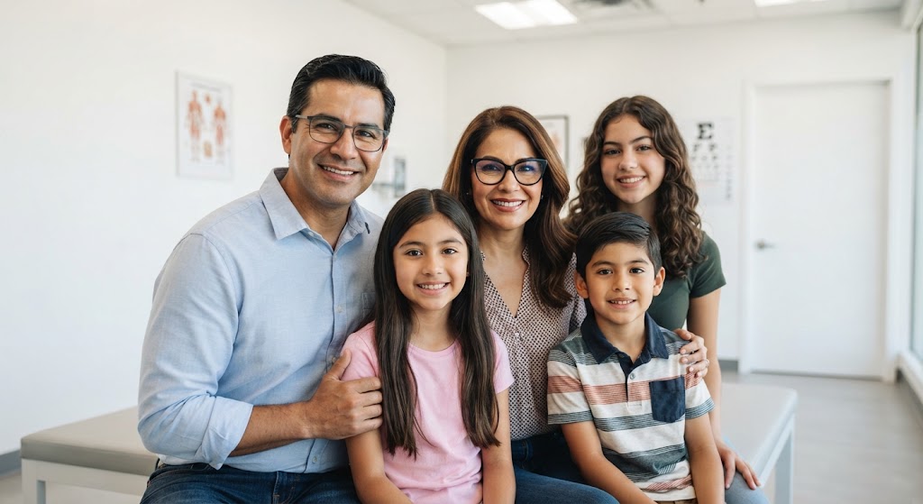 Familia sonriente en consultorio: papá, mamá y tres niños