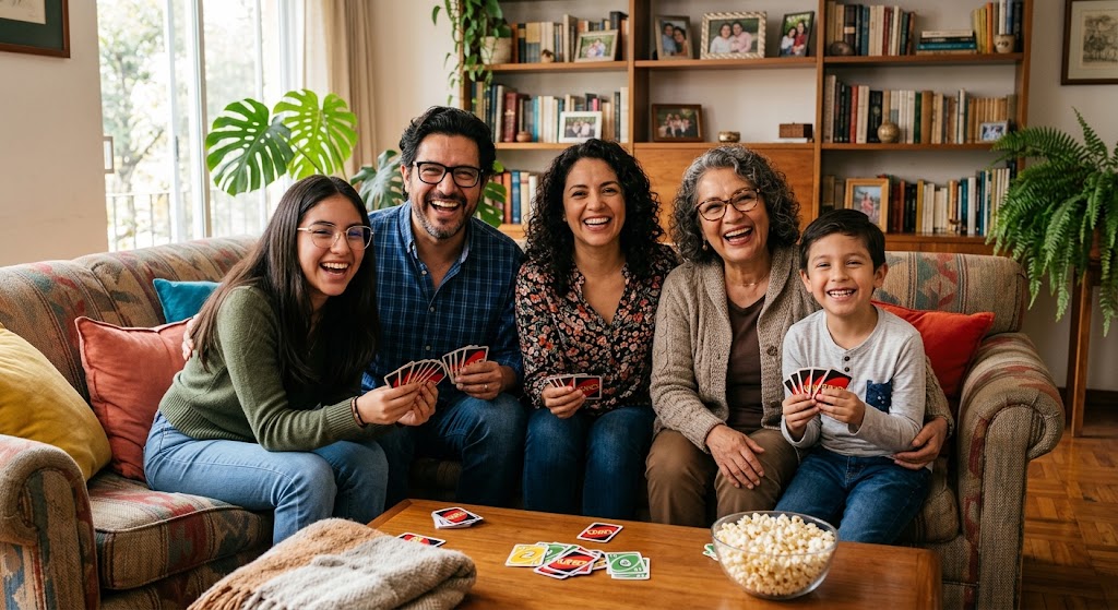 Familia mexicana de varias generaciones riendo mientras juega cartas en la sala