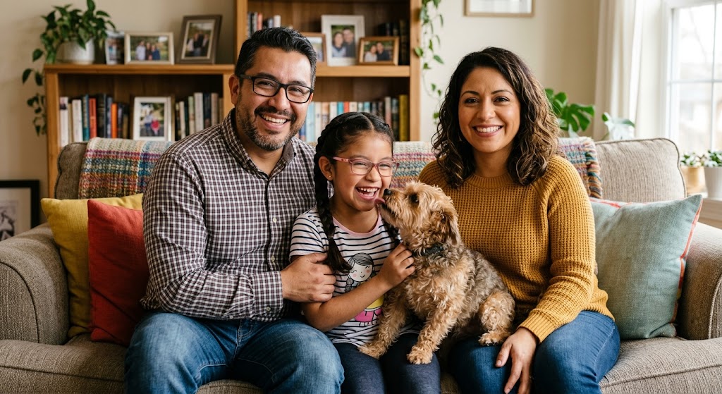 Familia mexicana sonriendo en su sala; el papá y la hija usan lentes graduados