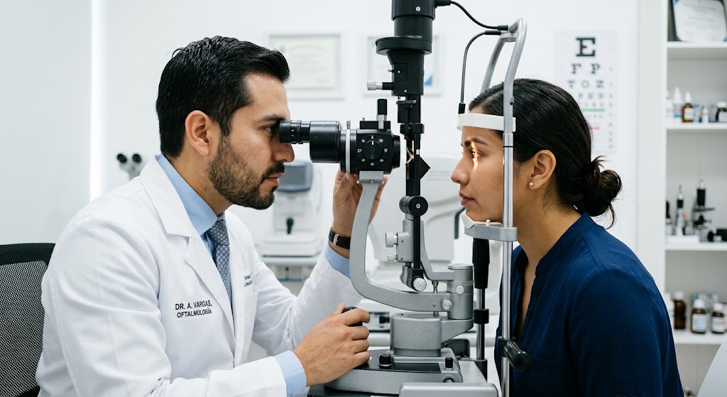 Oftalmólogo revisando el ojo de una paciente con la lámpara de hendidura