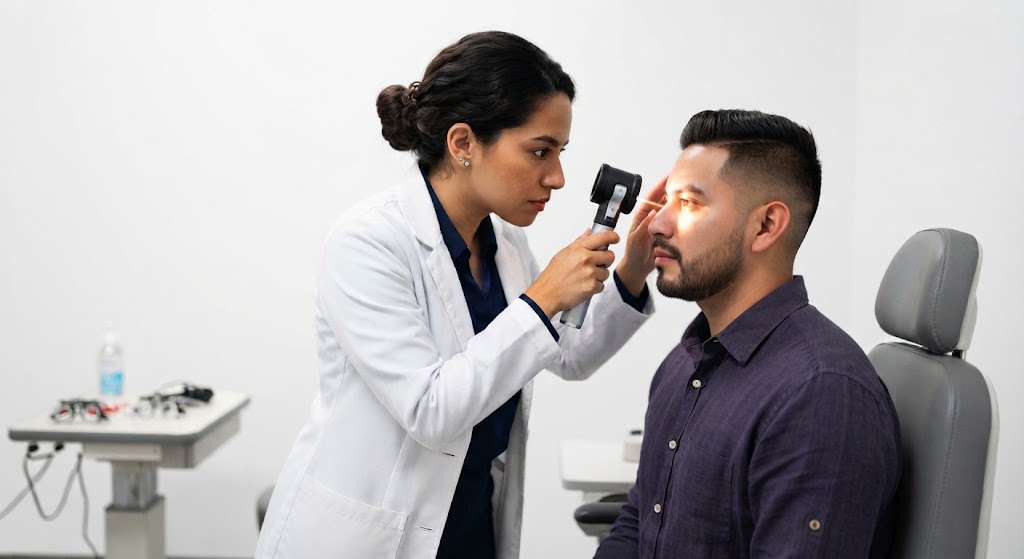 Optometrista realizando una retinoscopía a un paciente