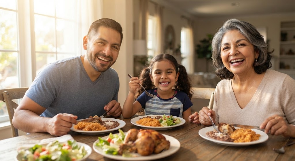 Padre, hija y abuela comiendo juntos en casa, sonriendo, tres generaciones en la misma mesa