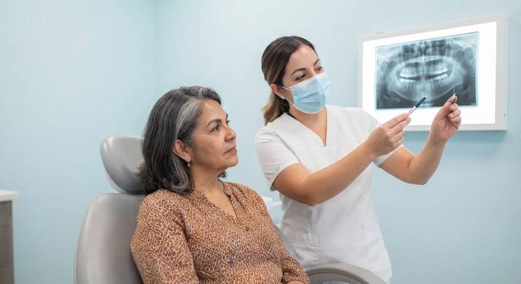 Mujer mayor en consulta, la dentista le muestra su radiografía dental