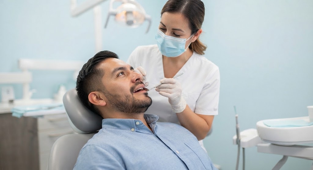 Hombre en revisión dental de rutina con la dentista